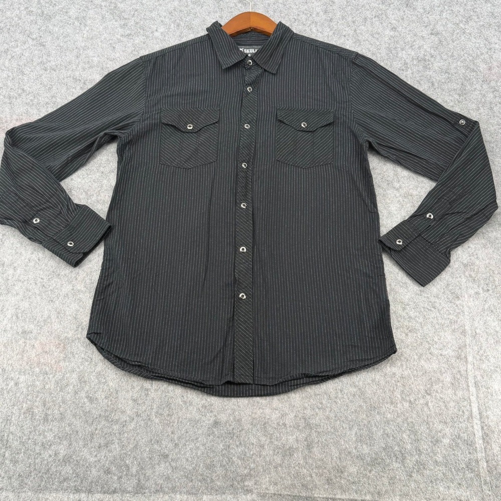 Skully Brand Black Pinstripe Cotton Button Down Shirt Long Sleeve Womens Medium
